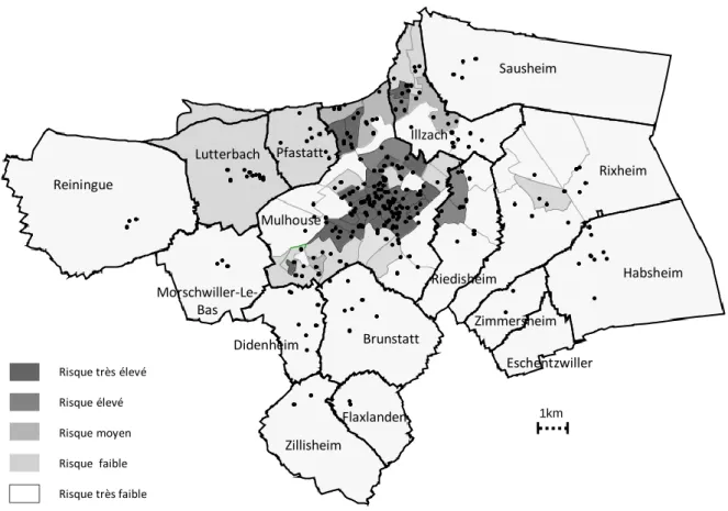 Figure 3.  Visualisation de la densité de risque pour chaque IRIS de l'agglomération Mulhousienne