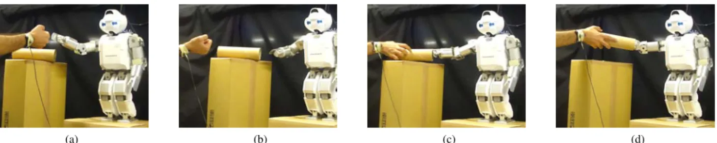 Fig. 7: Mirror mode: the person control the robot in a collaboration-like fashion. (a) The system is initialized in the face- face-to-face configuration; (b) the subject’s hand is moved backwards