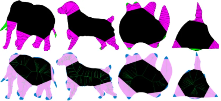 Fig. 7. Annotations of the four MPEG7 shapes by the users (top) and by our algorithm with the number of clusters set to 3 (bottom).