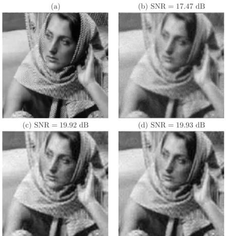 Figure 2. Original image (a), degraded one (b) and restored images using AA (c) and SA (d).