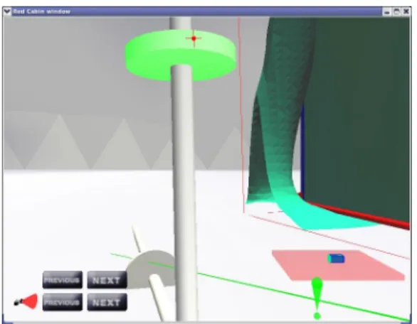Figure 3: User 1 moves a 3D slider with her red 2D pointer and she sees the green 3D virtual ray of user 2 ready to select another slider.