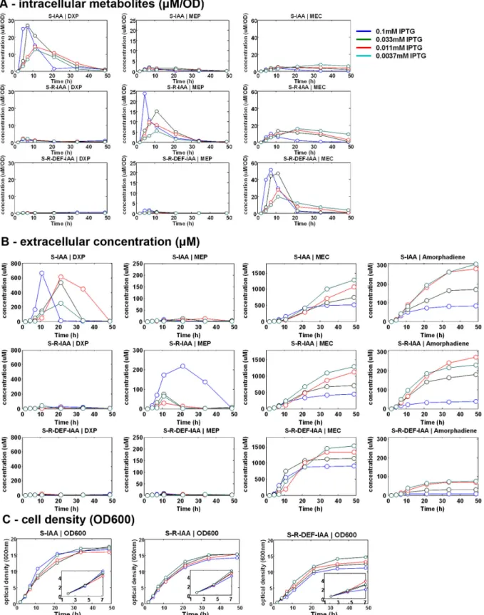 Figure 5.  The kinetics of S-IAA-PAC, S-R-IAA-PAC and S-R-DEF-IAA-PAC strains.  (A) The specific concentration (μM/OD) of intracellular metabolites: DXP, MEP and MEC