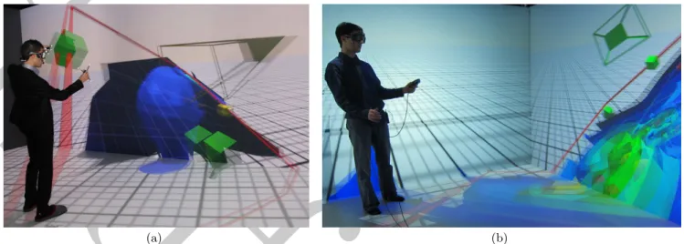 Figure 2: Collaborative manipulation of the clipping plane with the 3-hand manipulation technique : (a) the participant located in Town1 manipulated 2 control points (green cubes) and (b) the participant located in Town2 manipulated one control point (yell