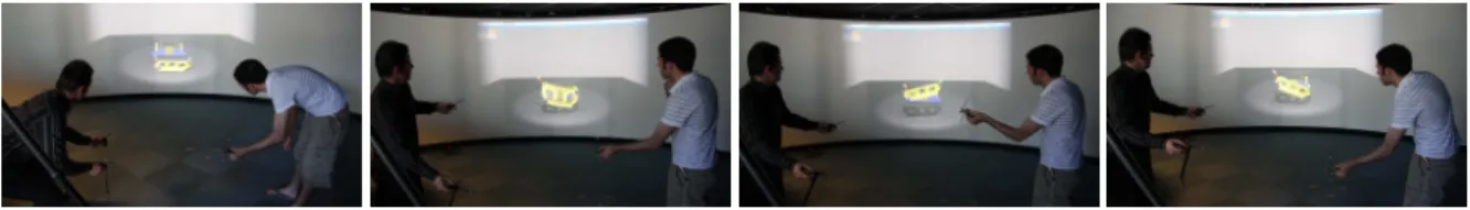 Figure 1: 3-Hand Manipulation of a virtual hood by two users.