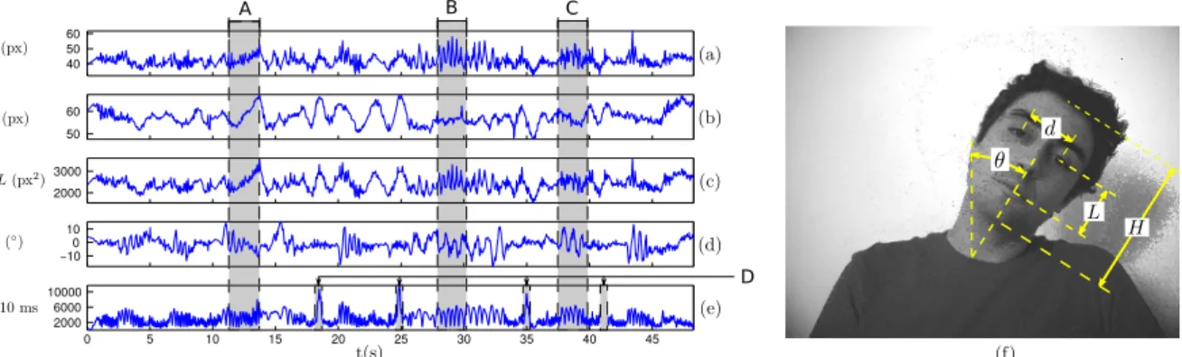 Figure 2.15: Geometric parameters observed during the sequence. (a-b) d and L are the distances (in pixels) between the two eyes and between the eyes and the mouth