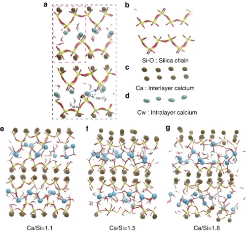 Figure 1 | Effect of C/S ratio on the molecular structure of C-S-H at the nanoscale. (a) The unit cell of tobermorite 11 Å is enclosed by black dashed line.