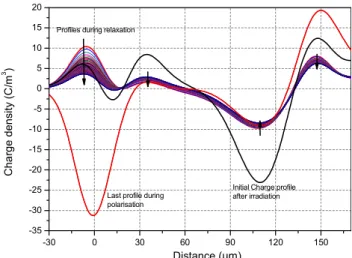 Fig. 6  Charge density profiles recorded on 150 µm-thick XLPE  polarised under 40 kV/mm for 1 h after an electron irradiation under  100 keV during 10 min