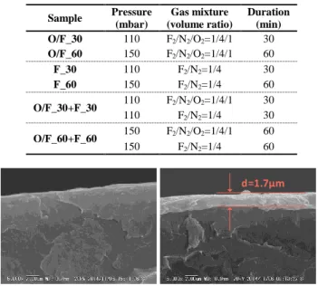 Figure  1.  Cross-section  view  by  SEM  of  reference  (left)  and  oxy- oxy-fluorinated (right) LDPE.