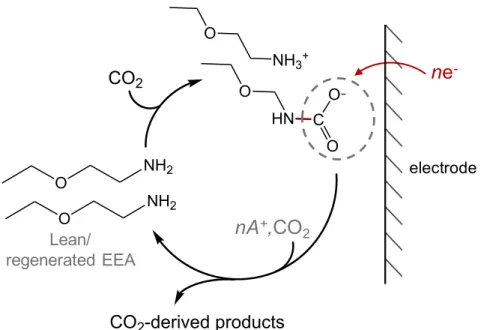 Figure 1-1: Electrochemical reduction scheme of the CO 2  conversion pathway via selective  cleavage of the N-C bond (A +  = alkali cation)