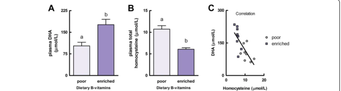 Figure 1 Experiment A: effects of dietary folate, vitamin B-12, and vitamin B-6 on plasma DHA and homocysteine concentrations.
