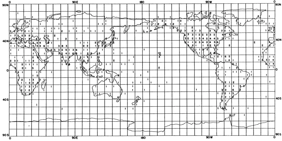 Figure  1. Number  of  Stations  with Data  in  Each 50  x 50  Grid  Square:  1949. 90N I  I  ....