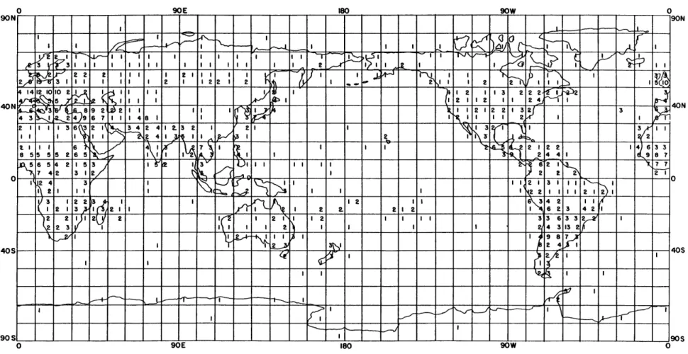 Figure  2.  Number  of  Stations  with Data  in Each 50  x 50  Grid  Square:  1972.
