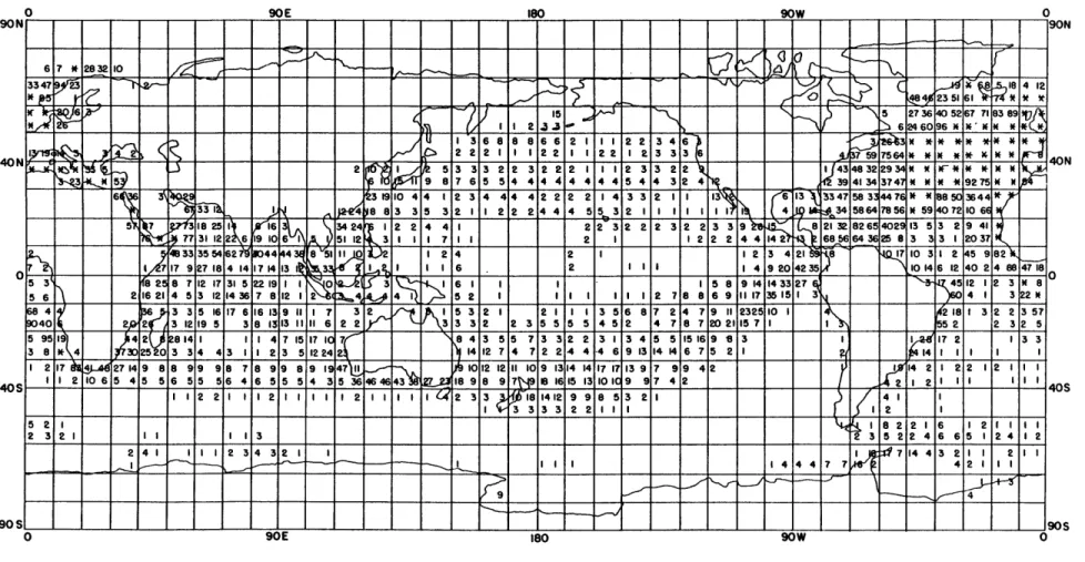 Figure  3.  Average  Number  of  Temperature  Observations per Month  in Each Oceanic  50 x  50 Grid  Square,  1949-72:  January