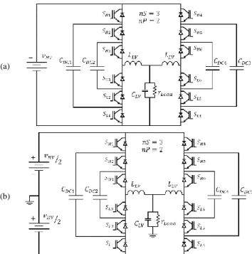 Fig. 1 a) DC/DC series-parallel multicell converter (2 parallel, 3 series) and (b) DC/AC series-parallel multicell converter (2 parallel, 3 series)