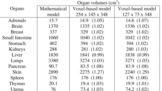 Table  11:  Organ  volumes  (cm 3 )  given  by  the  adult  ORNL  mathematical  model  and  the  same  model sampled considering two voxel sampling sizes: 254 x 145 x 348 voxels of 1.58 x 1.58 x 5 mm 3   and 127  x  73  x  348  voxels  of  3.16  x  3.16  x