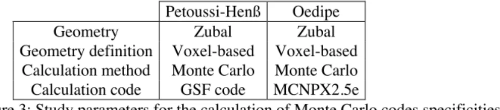 Figure 3: Study parameters for the calculation of Monte Carlo codes specificities.