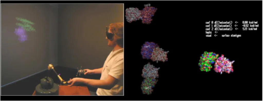Figure 10. Utilisateur immergé dans l’application du docking, à droite un exemple de capture d’écran aprés la selection de 3 conformations par l’utilisateur.