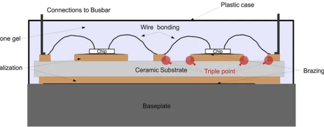 Fig. 1. Schematic cross-section of plastic power module. Some triple points localisations are illustrated.