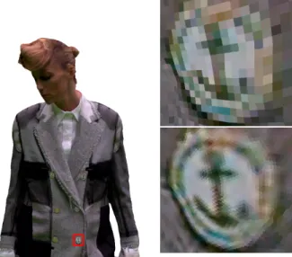 Figure 5: Illustration of a filtering operation with a texture from real images. Three close-ups of a mesh, rendered with: