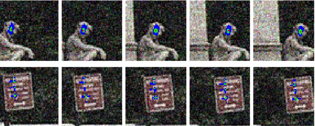 Fig. 1: Examples of sets of 200 nearest neighbors of two reference spatio-temporal patches, of size 9 × 9 × 4