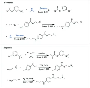Fig. 4 Comparison of syntheses of procainamide in the combined analysis (blue box) and the separate analysis (red box)