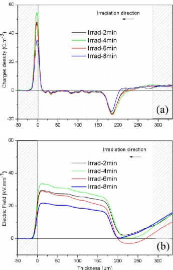 Fig.  4.    (a)  Space  charge  profiles  and  (b)  associated  electric field profiles in a 286 µm thick LDPE film during  relaxation after electron beam irradiation under 80 keV at  1 nA/cm 2 