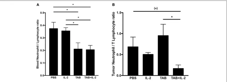 FIGURE 8 | The combination TAB004 + Lip-MSA-IL-2 treatment led to lower neutrophil/lymphocyte ratio in blood (A) and Tumors (B)