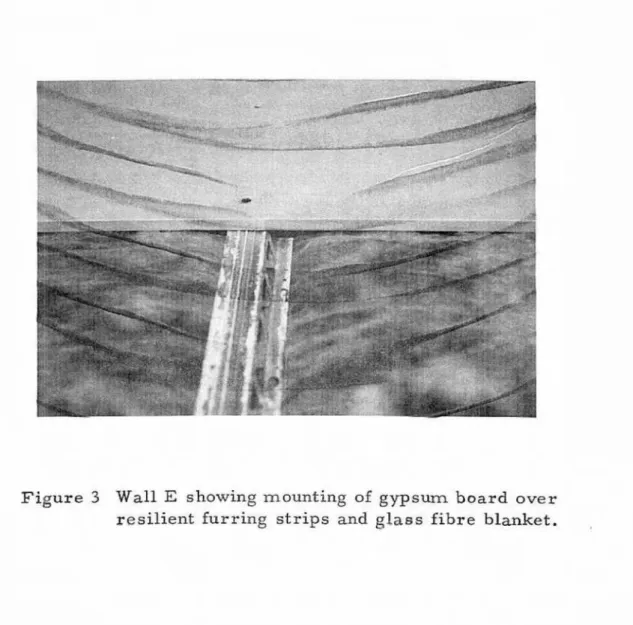 Figure  3  W a l l   E  showing mounting  of  gypsum  board  over  resilient  furring  strips  and  g l a s s   f i b r e   blanket