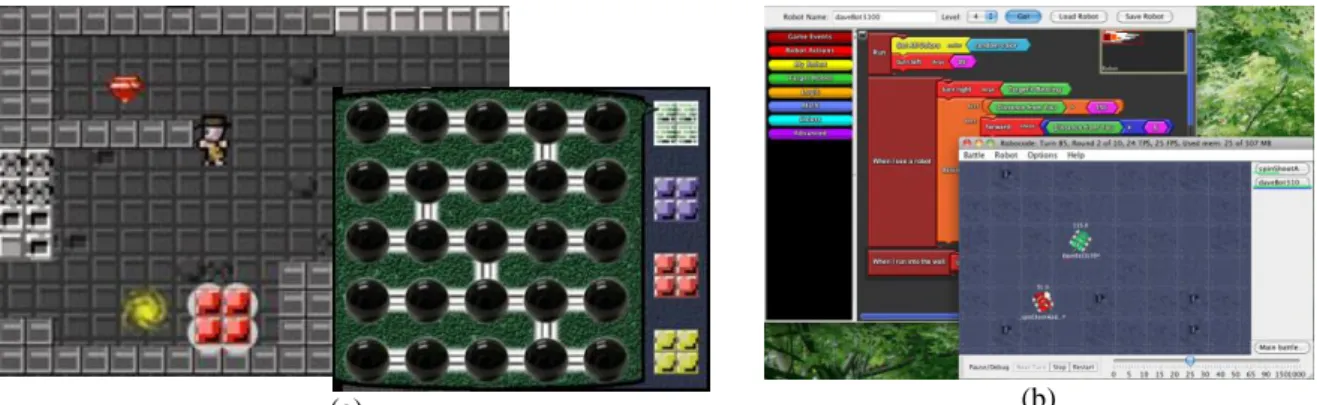 Figure 1. In Particles! (a) players design molecules for blocks that can be added throughout the game to change  the emergent physical properties of objects in the game world