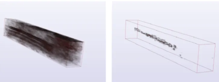 Fig. 3: A 3D needle volume (left) before and (right) after thresholding step