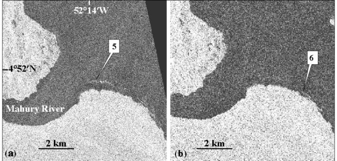 Figure 5. The potential of radar imagery in detecting mudbanks (Kourou): (a) 8–09–1999 (H = 1.05 m, θ = 23°, ERS- ERS-VV); (b) 14–06–2000 (H = 1.35 m, θ = 23°, ERS-VV)