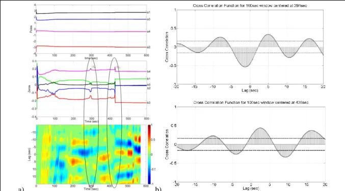 Figure 4.  a) An illustrative example (subject  5) of the correspondence between the ARX  parameter tracking (time series of the poles and zeros shown in the top two panels) and the  sliding cross-correlation function (bottom panel) for NIRS oxy-Hb signal 