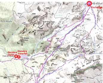 Figure  1.   Example   of   an   annotated   topographic   map  highlighting   the   identified   reference   features   used   in   a   call  (same call as sketch map of Figure 3).