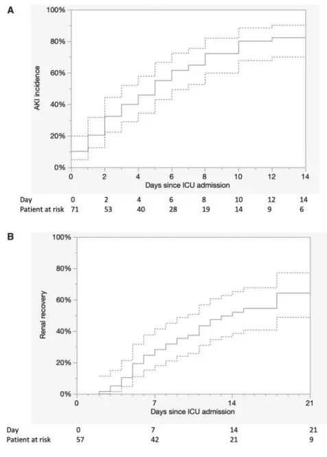 FIGURE 2: (A) Incidence of AKI during the ICU stay censored with death with 95% confidence interval