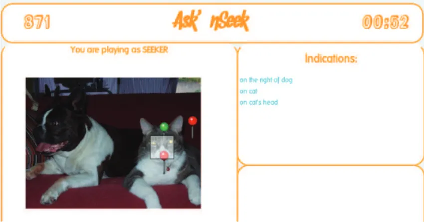 Figure 1: Ecran du jeu de l’enquêteur qui demande des indices relatifs au chien, au chat et finalement à la tête du chat.