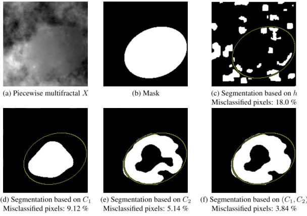 Fig. 3. Illustration of the segmentation results. The piecewise multifractal image X is presented in (a) and has been generated from the mask (b)