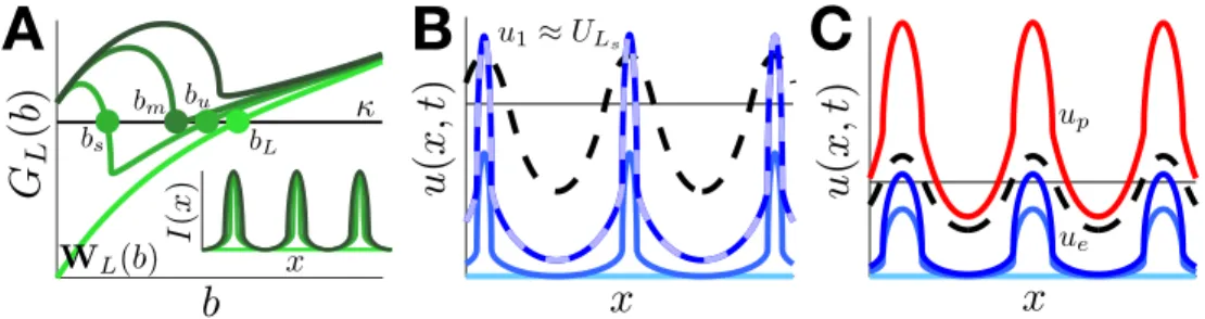 Fig. 9. Conditions for propagation driven by a spatially-periodic input I(x, t) = I(x)χ [0,t 1 ] with I(x) = I(x + L), and u(x, 0) ≡ 0