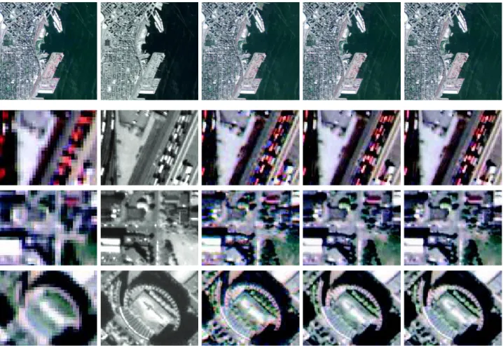 Fig. 2. MS+PAN fusion results. 1st row: MS (column 1), PAN (column 2), ML fusion (column 3), Bayesian fusion using a Gaussian prior (column 4) and a TV prior (column 5) , 2nd-4th rows: zoomed details including containers, trees, houses, roads, stadiums, of