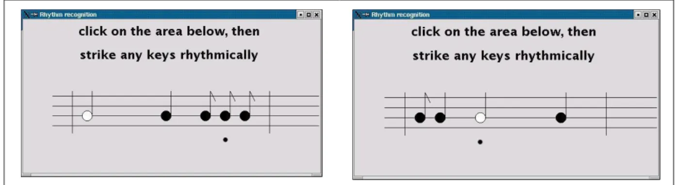 Figure 1. Screenshots of the rhythm recognition program. Whenever a rhythm performed on  the keyboard is recognized, its score is displayed on the screen and a black dot under the  notes follows and anticipates the user’s activity