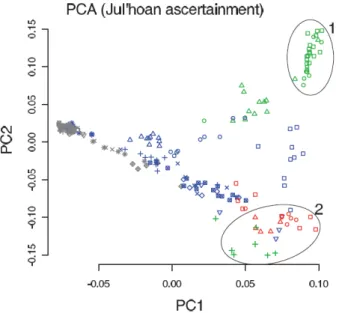 Figure 2: Languages and genes do not necessarily correlate. Principal Components Analysis  on autosomal SNPs in individuals from southern Africa