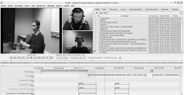 Figure 5. Alignment of trainee hors-champ video with trainee and student webcam videos  in ELAN