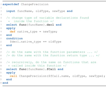 Figure 3: Example of LARA aspect to clone an existing func- func-tion and change its type.