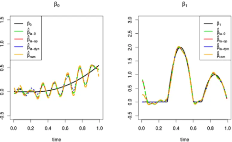 Fig 1 . An example of the estimation of β 0 and β 1 (solid black line) with a sample size n = 70