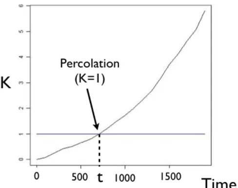 Figure 7: Evolution of the K parameter over time for a knowledge network of size 10 3 If the network verifies this condition at time t, we will say that it is in a percolation  phase