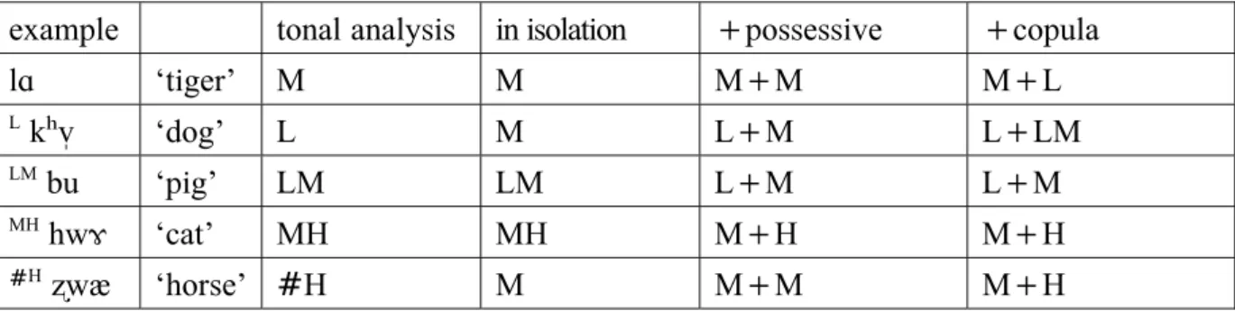 Table 11. The tonal behaviour of Na monosyllabic nouns in isolation, when followed by the  possessive, and when followed by the copula
