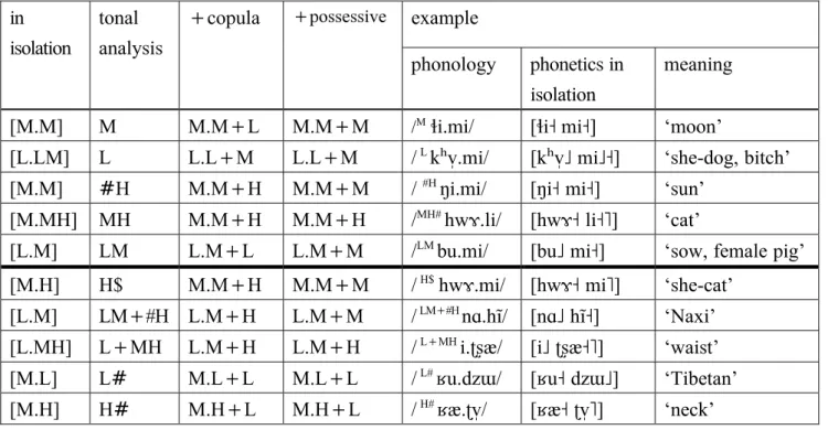 Table 12. The tonal classes of disyllables in Na. The thick horizontal line separates the five  tonal classes that correspond to those of monosyllabes (above the line) from the other five