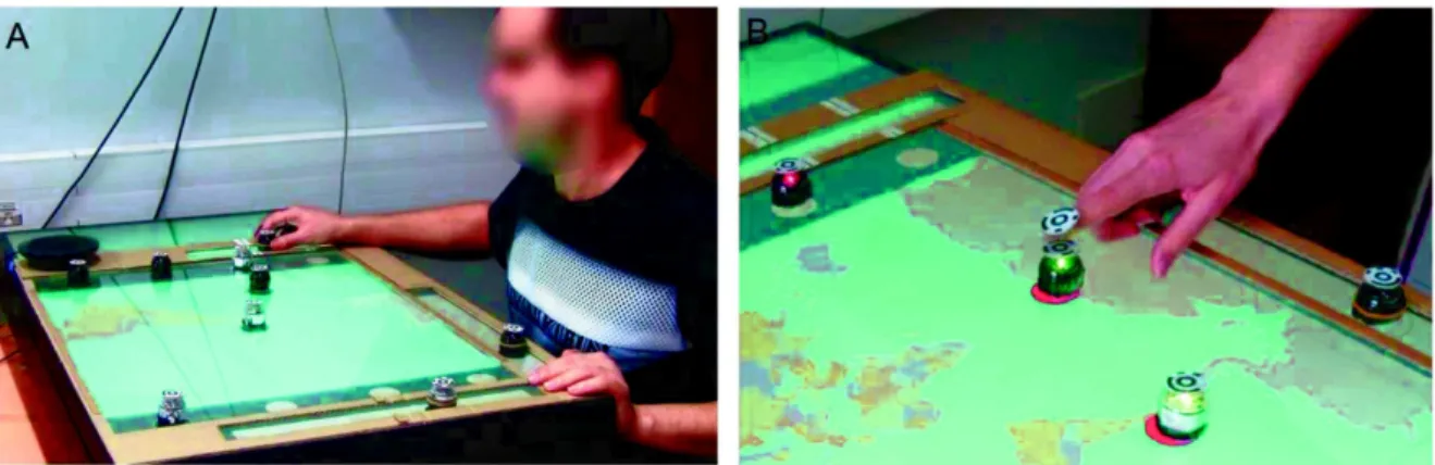 Fig. 1. (A) BotMap is composed of an interactive tabletop and several robots, tracked by a camera