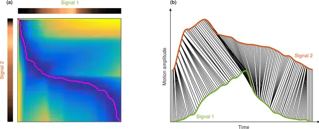 Fig. 4. Example of the proposed Dynamic Time Wrapping algorithm between two signals. (a) Extraction of the shortest path (pink line) to determine the optimal similarity points between two signals