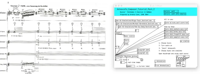 Figure 1. Left: Composer’s score excerpt of Anth`emes 2 (Section 1) for Violin and Live Electronics (1997)