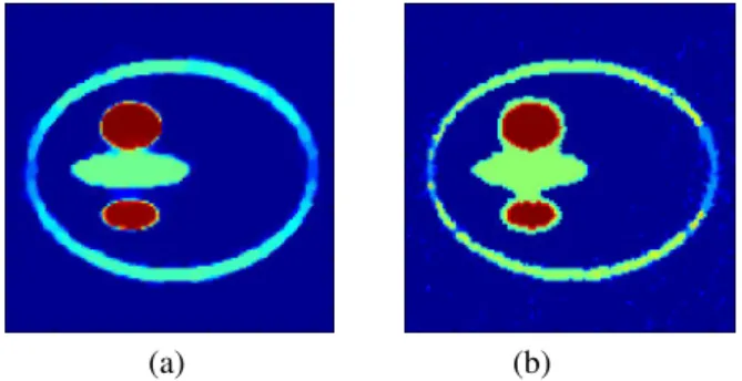 Fig. 2 . Grey-level reconstructed images with 50 projections for σ p = 3 (a) TV; (b) LS